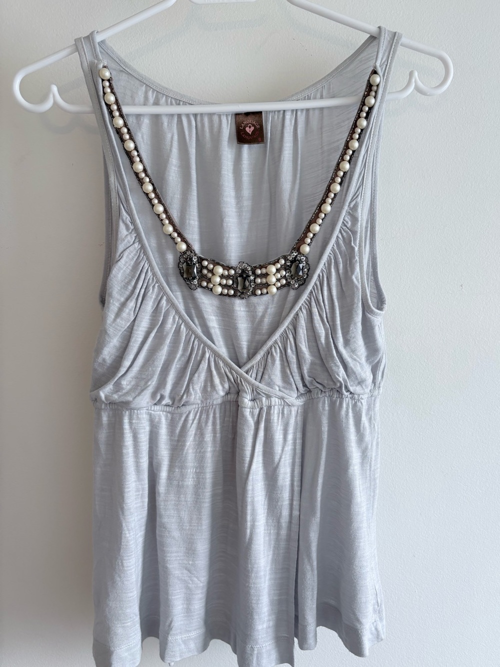 Language Light Gray Embellished V-Neck Tank with Pearl Beading